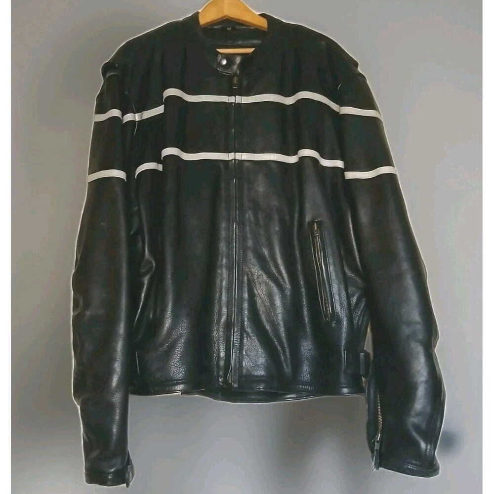Vtg 90s Pro-Rider Heavy Black Leather Motorcycle Jacket Sz 52 Racing Stripes